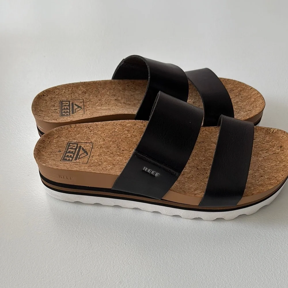 Reef Black Cork Footbed Double-Strap Slide Sandals